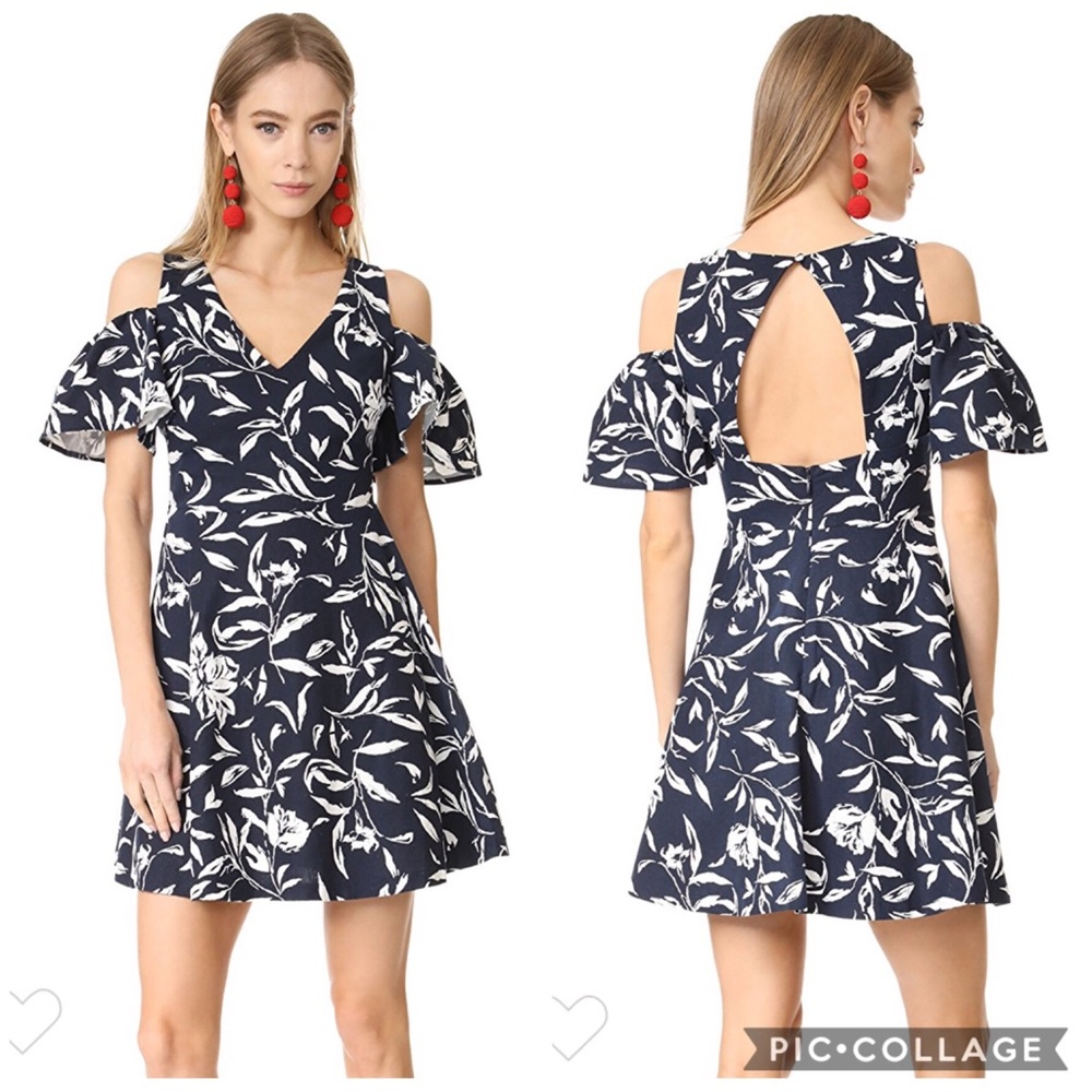 EUC Revolve J.O.A. Navy Flower Print Cutout Back Cold Shoulder Linen Mini Dress